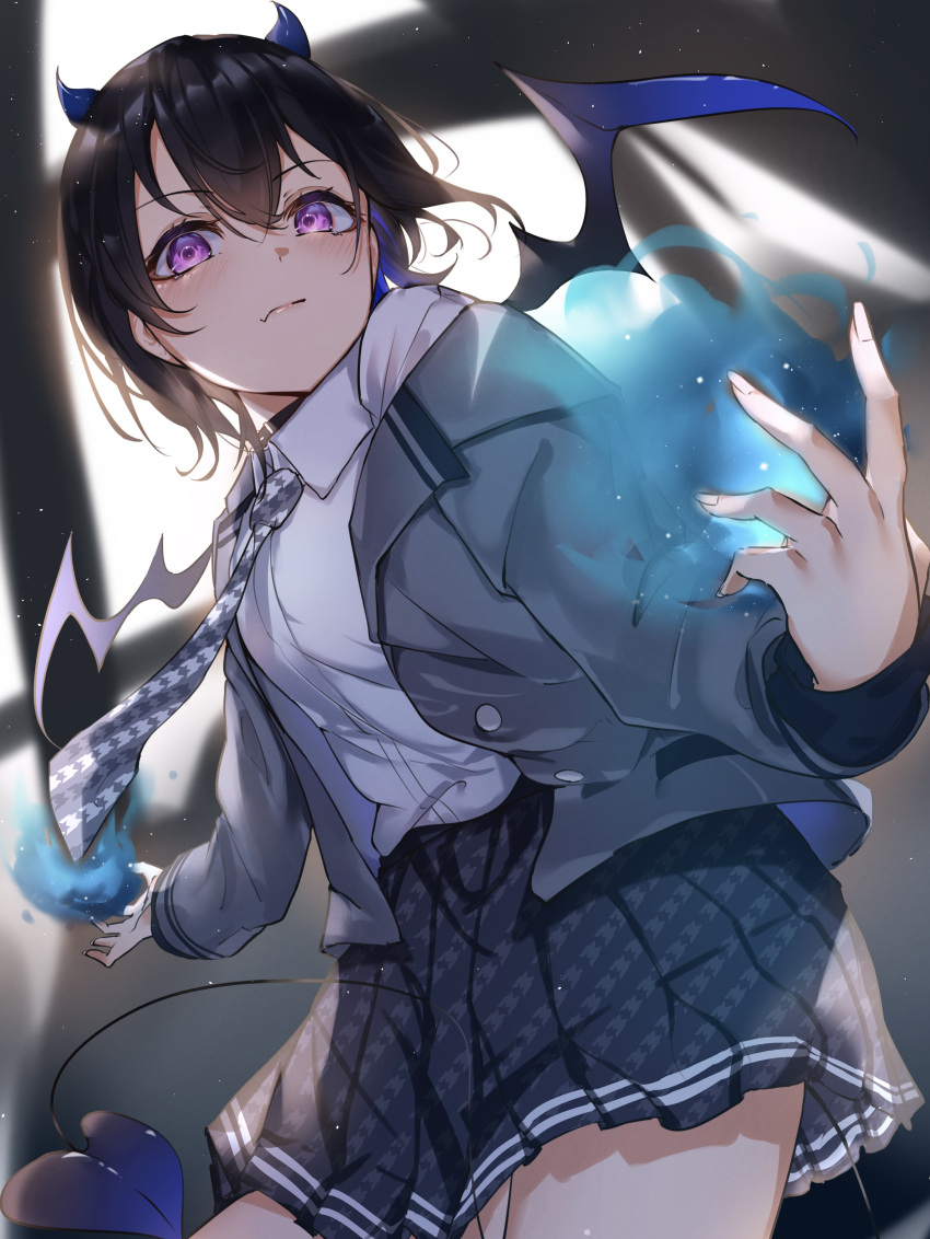 1girl absurdres black_hair blue_horns blue_skirt blue_wings blurry blush casting_spell closed_mouth collared_shirt commentary_request cowboy_shot demon_horns demon_tail demon_wings depth_of_field grey_jacket grey_necktie highres horns ichinose_uruha jacket looking_at_viewer looking_down necktie open_clothes open_jacket pleated_skirt ringozeri shirt shirt_tucked_in short_hair skirt solo tail violet_eyes virtual_youtuber vspo! white_shirt wings