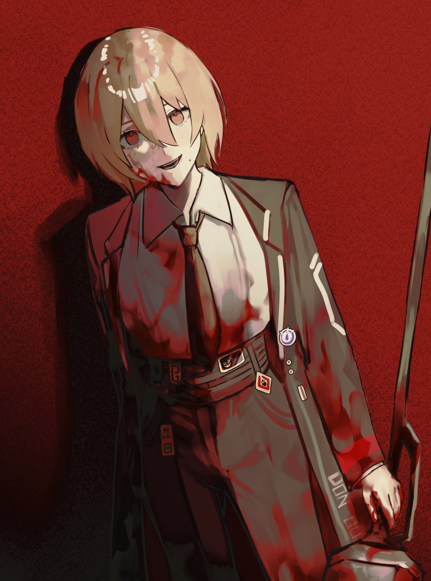 1girl absurdres black_pants blonde_hair blood blood_on_clothes blood_on_face blood_on_weapon collared_shirt don_quixote_(limbus_company) high-waist_pants highres holding holding_weapon lance limbus_company looking_at_viewer msx_(mis4xi) necktie open_mouth pants polearm project_moon red_background red_necktie shirt short_hair simple_background smile solo weapon white_shirt yellow_eyes