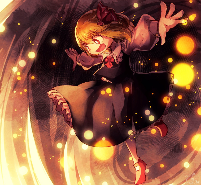 1girl black_skirt black_vest blonde_hair bright_pupils collared_shirt commentary_request frilled_shirt_collar frills long_sleeves mary_janes medium_hair open_mouth outstretched_arms petticoat red_eyes red_footwear rumia shirt shoes skirt smile solo spread_arms touhou vest white_pupils white_shirt yukkyon_kyon
