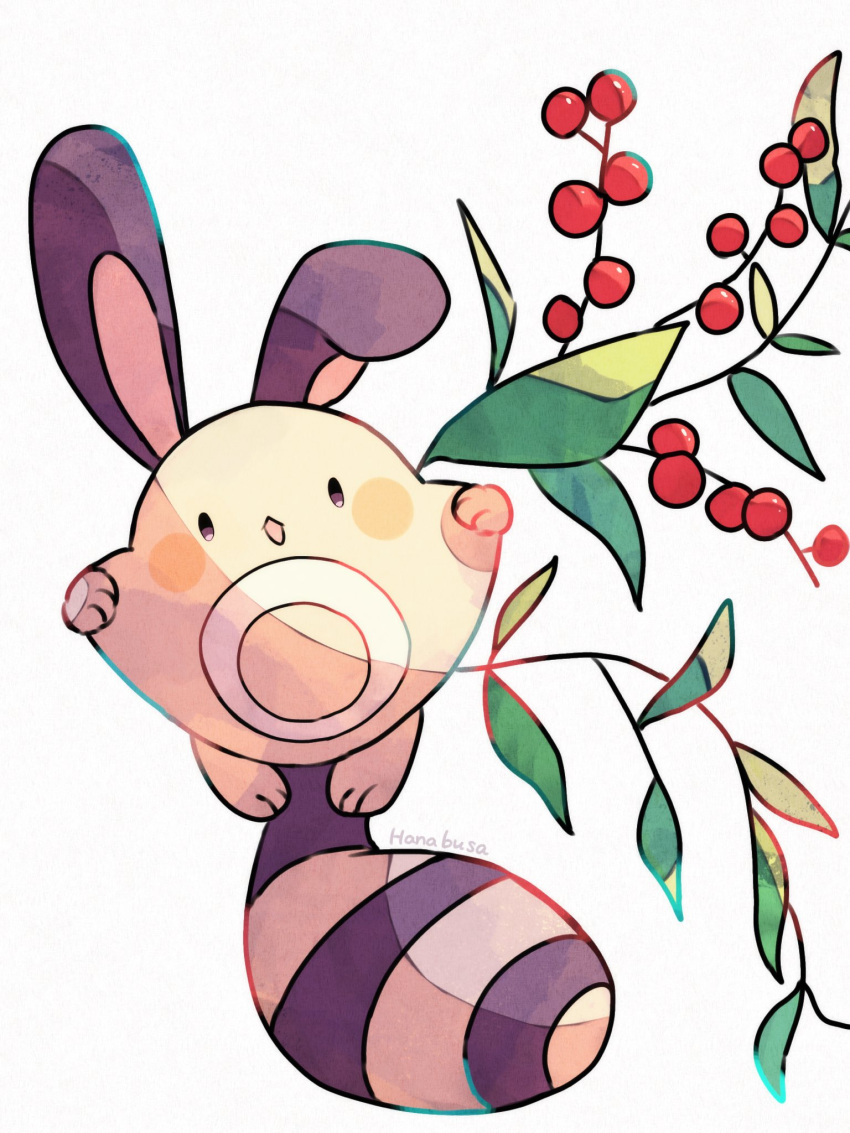:d animal_focus artist_name branch brown_fur cherry commentary_request food fruit hanabusaoekaki highres leaf no_humans pokemon pokemon_(creature) sentret simple_background smile solid_oval_eyes solo tail white_background