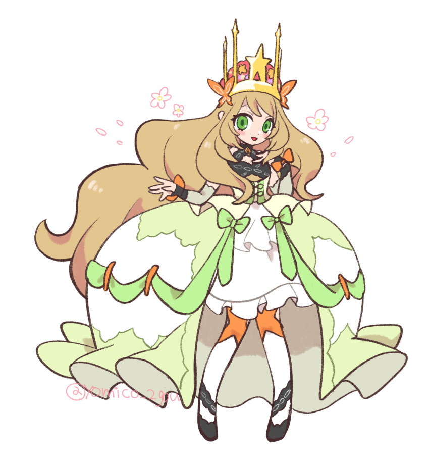blonde_hair bow butterfly_hair_ornament celine_(fire_emblem) crown dress fire_emblem fire_emblem_engage green_bow green_dress green_eyes hair_ornament highres long_hair looking_at_viewer orange_bow solo very_long_hair yomico_2gou