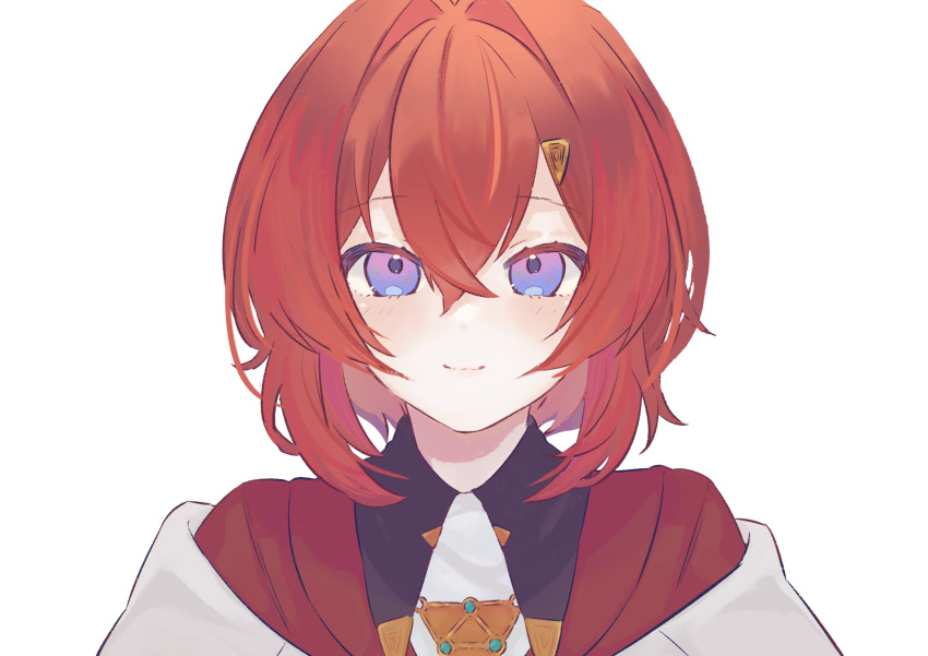 1girl ange_katrina ange_katrina_(1st_costume) blue_eyes cardigan fbteqtkllo182ns hair_intakes hair_ornament highres looking_at_viewer nijisanji red_cardigan redhead short_hair simple_background smile solo virtual_youtuber white_background