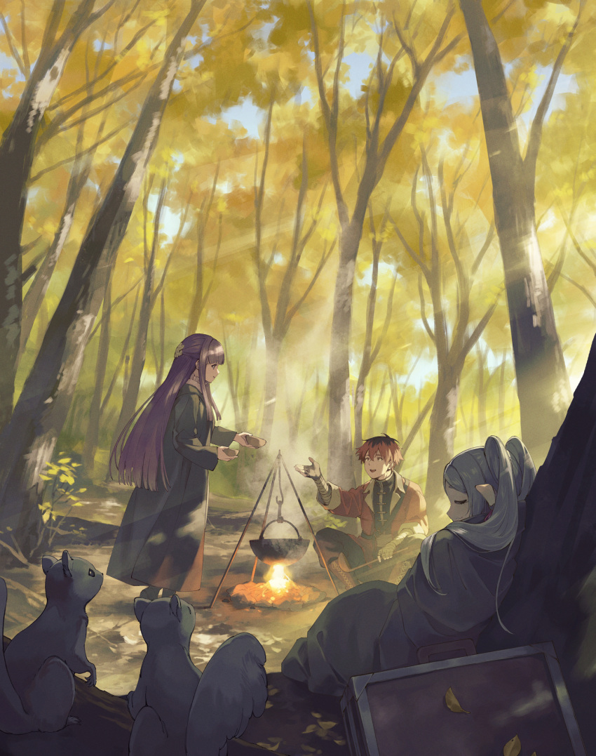1boy 2girls arm_wrap bandaged_arm bandages black_coat blanket boots bowl butterfly_hair_ornament campfire closed_eyes coat collar dress elf fern_(sousou_no_frieren) fire forest frieren frilled_collar frills hair_ornament highres holding holding_ladle ladle leaf long_coat long_hair mouse multiple_girls nature outdoors pointy_ears purple_hair red_coat redhead short_hair sitting sleeping sleeping_upright sousou_no_frieren standing stark_(sousou_no_frieren) straight_hair suitcase tree twintails violet_eyes white_dress zinnkousai3850