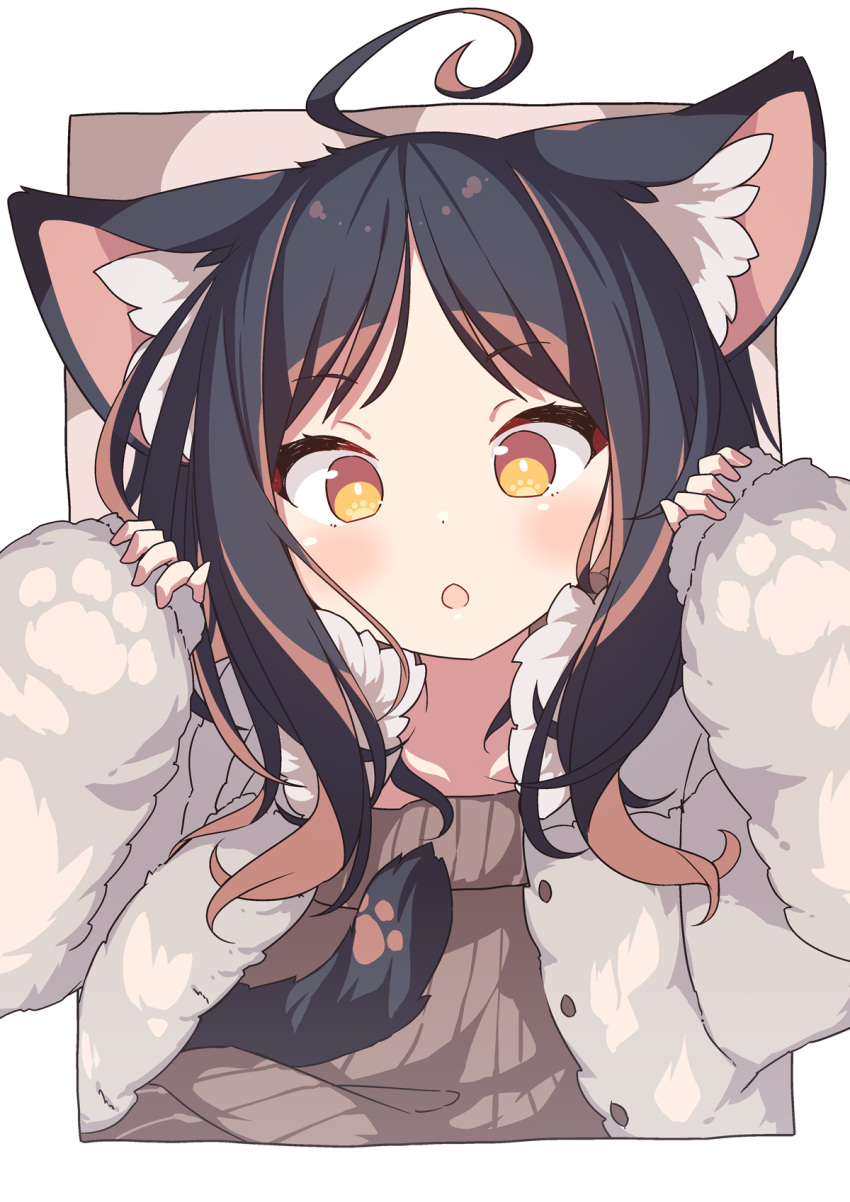 1girl ahoge animal_ear_fluff animal_ears black_hair blush brown_sweater buttons cat_ears commentary_request daidai_ookami hands_up highres jacket long_hair long_sleeves looking_at_viewer multicolored_hair open_clothes open_jacket open_mouth orange_eyes orange_hair original solo sweater white_jacket