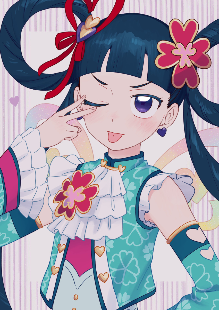 1girl absurdres akanbe ascot blue_jacket blue_sleeves blunt_bangs chinese_clothes commentary_request cropped_jacket detached_sleeves earrings eyelid_pull floral_print flower frilled_sleeves frills hair_flower hair_ornament hand_up heart heart_earrings heart_hair_ornament highres jacket jewelry kiratto_pri_chan long_hair looking_at_viewer melpan_(pri_chan) one_eye_closed pretty_(series) red_ribbon ribbon solo tongue tongue_out tsukiyo_michi twintails upper_body v_over_eye violet_eyes white_ascot