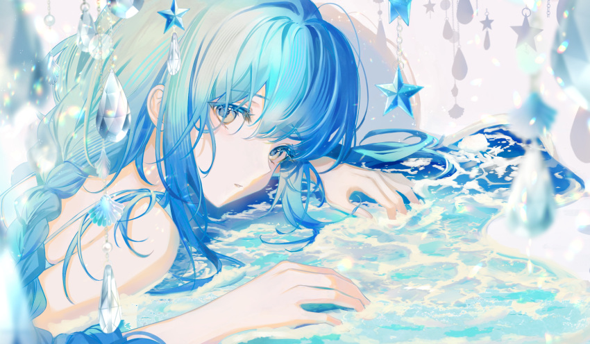 1girl bare_back bare_shoulders blue_eyes braid commentary green_eyes hands_up highres lium long_hair looking_at_viewer lying on_stomach original parted_lips shadow sidelocks star_(symbol) upper_body water