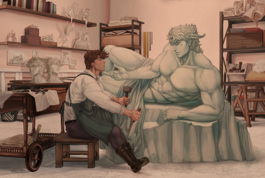 2boys abs absurdres apron artist_name battle_tendency bust_(sculpture) caesar_anthonio_zeppeli collared_shirt completely_nude feather_hair_ornament feathers full_body hair_ornament highres indoors jojo_no_kimyou_na_bouken joseph_joestar joseph_joestar_(young) large_pectorals looking_at_another lying male_focus mallet multiple_boys muscular muscular_male nude on_side pectorals sculpting sculpture shirt sitting sleeves_rolled_up smile spaceathes statue watermark white_shirt