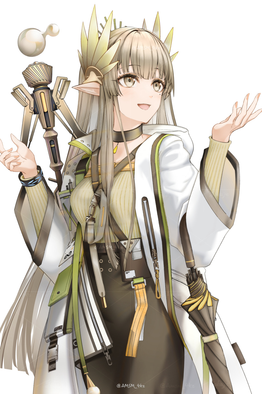 1girl absurdres arknights black_bracelet black_collar blonde_hair breasts brown_skirt bubble coat collar cowboy_shot green_shirt hands_up highres infection_monitor_(arknights) layered_sleeves long_hair long_sleeves muelsyse_(arknights) open_clothes open_coat pointy_ears ribbed_shirt shirt sidelocks simple_background skirt small_breasts solo staff umbrella very_long_hair white_background white_coat yellow_eyes yokaze_(yokajie)