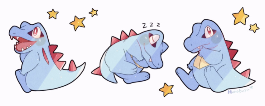 animal_focus artist_name blue_skin closed_eyes colored_skin commentary_request crocodilian fang hanabusaoekaki highres multiple_views no_humans open_mouth pokemon pokemon_(creature) red_eyes sharp_teeth simple_background sitting sleeping star_(symbol) teeth totodile white_background zzz