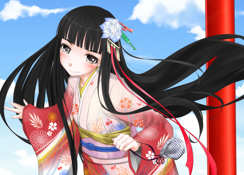 1girl black_hair blue_flower blue_sky blunt_bangs blush closed_mouth clouds cloudy_sky commentary_request day floral_print flower grey_eyes hair_flower hair_ornament head_tilt hime_cut himegami_aisa japanese_clothes kimono long_hair long_sleeves looking_at_viewer multicolored_clothes multicolored_kimono obi outdoors sash shin_(highest1192) sidelocks sky smile solo toaru_majutsu_no_index upper_body very_long_hair wide_sleeves yukata
