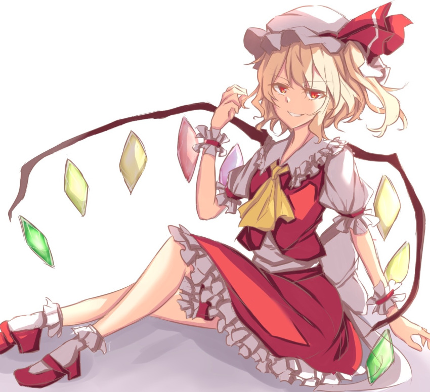 1girl ascot back_bow blonde_hair bobby_socks bow collared_shirt flandre_scarlet frilled_shirt_collar frilled_skirt frilled_sleeves frills from_side full_body hat hat_ribbon highres knee_up large_bow looking_at_viewer mary_janes medium_hair mob_cap multicolored_wings one_side_up open_mouth puffy_short_sleeves puffy_sleeves red_eyes red_footwear red_ribbon red_skirt red_vest ri_cochet ribbon shirt shoes short_sleeves simple_background skirt skirt_set smirk socks solo touhou vest white_background white_bow white_headwear white_shirt white_socks wings wrist_cuffs yellow_ascot