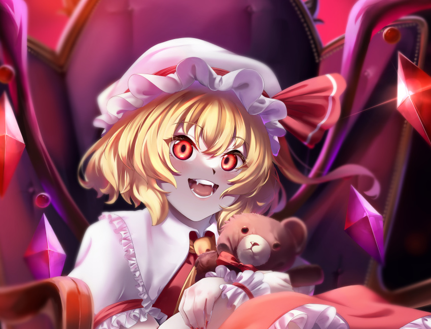 1girl absurdres blonde_hair chair collared_shirt crystal_wings fangs flandre_scarlet hat hat_ribbon highres holding holding_toy looking_at_viewer mob_cap open_mouth red_eyes red_skirt red_vest ribbon shirt short_hair sitting skirt stuffed_animal stuffed_toy teddy_bear touhou toy vest yujin_(kanouyuuto-0423)