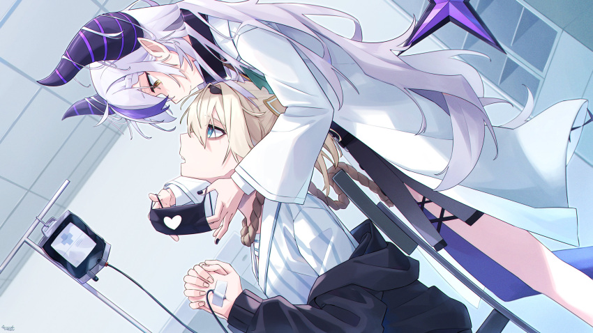 2girls absurdres ahoge alternate_costume aqua_eyes black_nails blonde_hair braid braided_bangs chain grey_hair highres hololive horns infirmary iv_stand kazama_iroha la+_darknesss la+_darknesss_(1st_costume) lab_coat long_hair looking_at_viewer mask mouth_mask multicolored_hair multiple_girls noose own_hands_clasped own_hands_together pointy_ears purple_hair sitting solo standing streaked_hair striped_horns sweater virtual_youtuber westlee_ar yellow_eyes