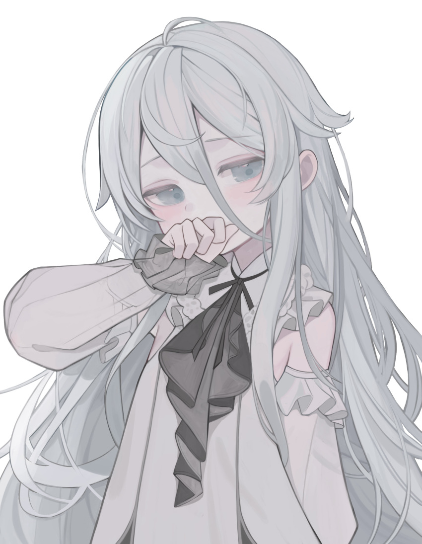 1girl absurdres ahoge anparu black_ribbon covering_mouth detached_sleeves dress frilled_dress frills grey_dress grey_eyes grey_hair hair_between_eyes hand_over_own_mouth hand_up highres long_hair long_sleeves looking_at_viewer neck_ribbon original ribbon sidelocks simple_background sleeves_past_wrists solo upper_body white_background