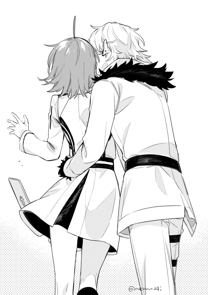 1boy 1girl ahoge boots chaldea_logo fate/grand_order fate_(series) fujimaru_ritsuka_(female) fujimaru_ritsuka_(female)_(decisive_battle_chaldea_uniform) hands_on_another's_hips hetero highres implied_kiss kadoc_zemlupus monochrome nemu24i pants table twitter_username white_background white_pants