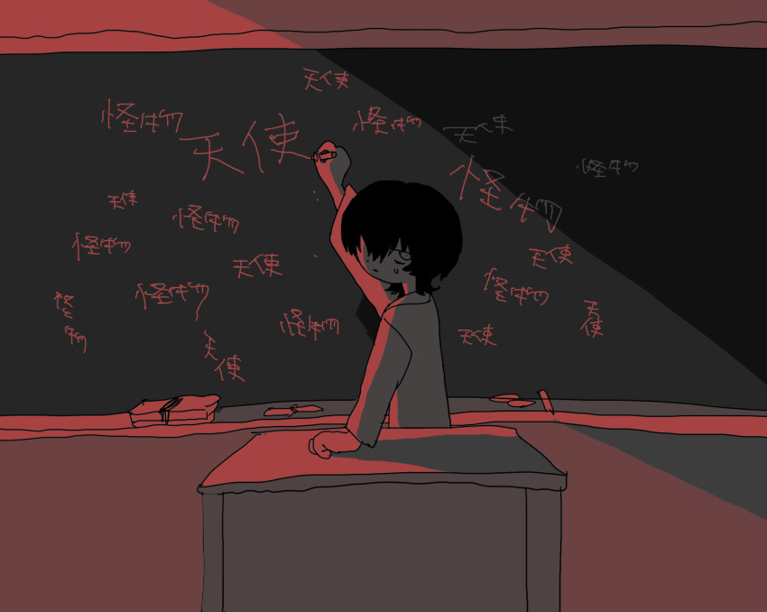 1boy arm_support arm_up bags_under_eyes board_eraser chalk chalkboard chasuke_(n_uioi) classroom commentary_request from_behind highres hitomi_hirosuke_(sayonara_wo_oshiete) holding holding_chalk indoors jacket long_sleeves looking_at_viewer looking_back male_focus medium_hair monochrome one_eye_covered podium red_theme sayonara_wo_oshiete sidelighting solo standing sweatdrop translation_request writing