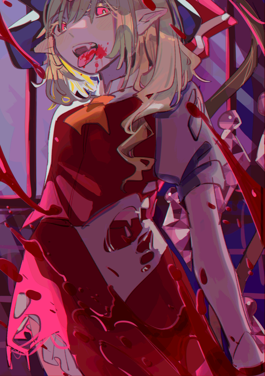 1girl absurdres ascot bad_id bad_pixiv_id blonde_hair blood blood_on_face fang flandre_scarlet hat highres indoors mob_cap open_mouth pointy_ears puffy_short_sleeves puffy_sleeves red_eyes red_ribbon red_skirt red_vest ribbon shi_chimi shirt short_sleeves skirt solo touhou vest white_shirt wings yellow_ascot