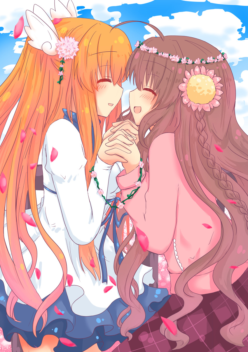 2girls :d ^_^ absurdres ahoge blush braid brown_hair canaca_chiyuri casual closed_eyes commentary_request cowboy_shot day dress facing_another falling_petals flower flower_wreath from_side hair_between_eyes hair_flower hair_ornament hands_up happy head_wreath highres holding_hands hood hoodie interlocked_fingers kanbe_kotori long_hair long_sleeves multiple_girls official_alternate_costume ootori_chihaya open_mouth orange_hair outdoors petals petticoat pink_flower pink_hoodie plaid plaid_skirt profile red_skirt rewrite short_dress skirt sleeves_past_wrists smile standing straight_hair twin_braids two_side_up very_long_hair wavy_hair white_dress wing_hair_ornament yuri