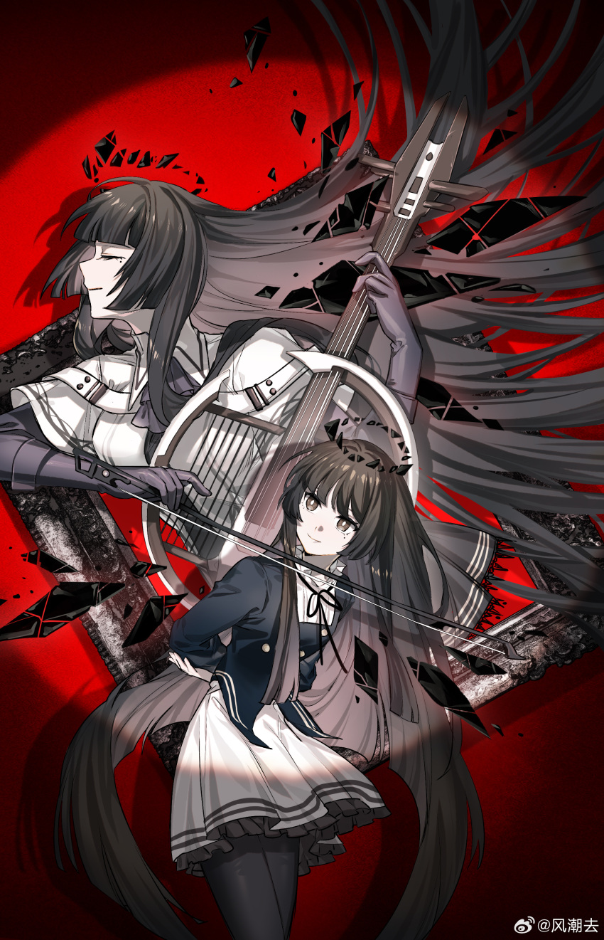 2girls absurdly_long_hair absurdres aged_down ahoge arknights arms_behind_back artist_name ascot belt belt_buckle black_ascot black_eyes black_gloves black_hair black_halo black_outline black_ribbon black_shirt black_skirt black_thighhighs black_wings blouse blue_shirt blunt_bangs bow_(music) breasts bright_pupils broken_halo buckle buttons cello chinese_commentary chinese_text clone closed_eyes closed_mouth collared_jacket commentary_request cowboy_shot dark_halo detached_wings dress empty_picture_frame energy_wings eyelashes facing_ahead fengchaoqu floating_hair frilled_dress frilled_shirt_collar frills from_side gloves halo hands_up head_tilt highres hime_cut holding holding_bow_(music) holding_instrument holding_violin index_finger_raised instrument jacket layered_sleeves leaning leaning_in light_smile long_hair long_sleeves looking_at_another looking_to_the_side looking_up medium_breasts miniskirt mole mole_under_eye multiple_girls music neck_ribbon outline outstretched_hand pale_skin picture_frame playing playing_instrument pleated_dress pleated_skirt profile red_background ribbon shade shadow shirt short_over_long_sleeves short_sleeved_jacket short_sleeves sidelocks sideways_glance silhouette skirt small_breasts spotlight square_neckline standing thigh-highs time_paradox upper_body very_long_hair violin virtuosa_(arknights) wall wallpaper_(object) watermark weibo_logo weibo_username white_belt white_dress white_jacket white_pupils wide_sleeves wing_collar wings