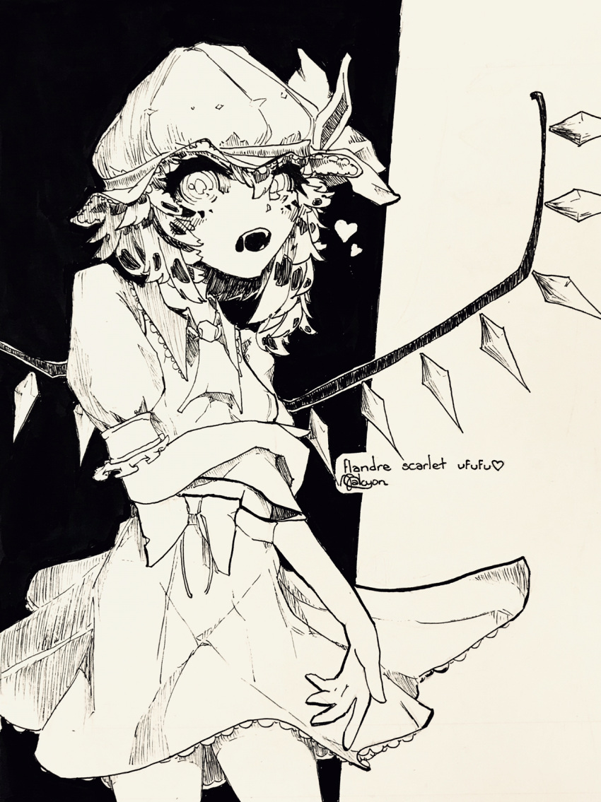 1girl ascot character_name collared_shirt cowboy_shot crystal flandre_scarlet frilled_shirt_collar frilled_skirt frilled_sleeves frills hair_between_eyes harucyon4 hat heart highres looking_at_viewer medium_hair mob_cap monochrome open_mouth puffy_short_sleeves puffy_sleeves shirt short_sleeves skirt solo teeth touhou traditional_media vest wings