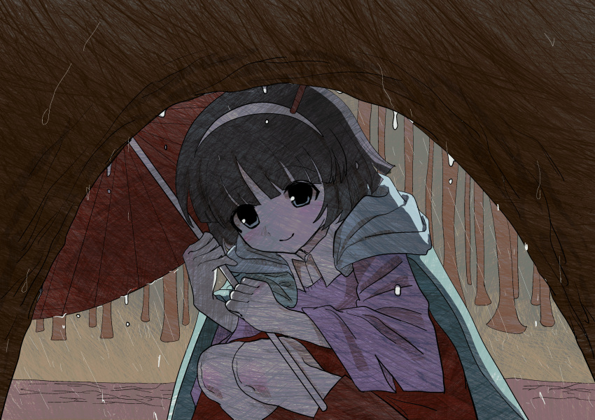 1other absurdres amanomiya_jun androgynous bingkuaihei black_hair blue_cape blue_eyes boots brown_footwear cape closed_mouth collared_shirt hairband highres holding holding_umbrella len'en long_sleeves other_focus purple_sweater red_skirt red_umbrella shirt short_hair skirt smile solo squatting sweater umbrella white_hairband white_shirt