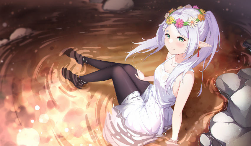 1girl absurdres bare_arms black_pantyhose collarbone dress floating_hair flower frieren head_wreath highres long_hair pantyhose pink_flower short_dress sitting sleeveless sleeveless_dress solo sousou_no_frieren twintails white_dress white_flower white_hair yellow_flower yimiao