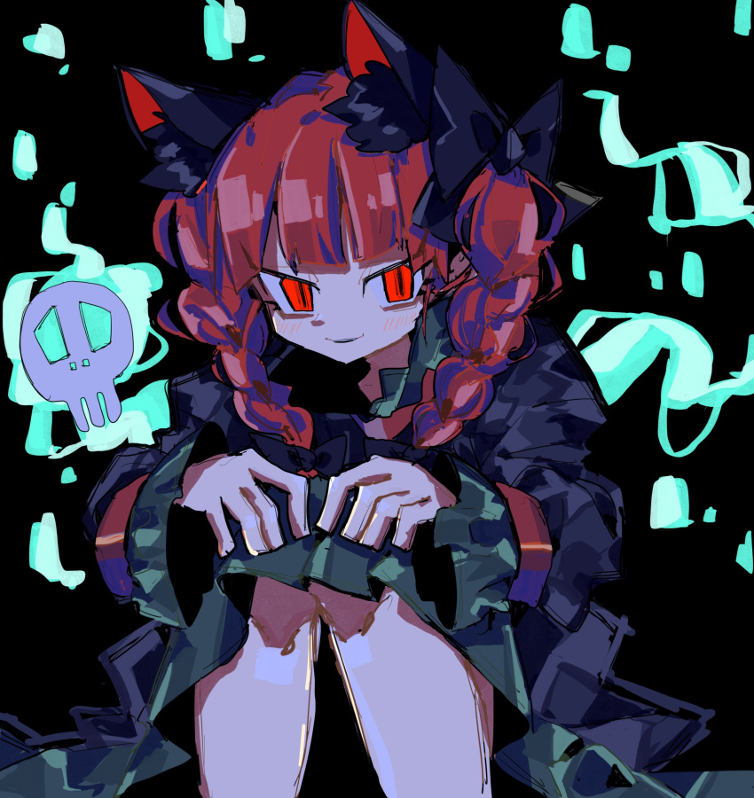 1girl absurdres animal_ear_fluff animal_ears black_background black_bow blunt_bangs bow braid cat_ears cat_girl closed_mouth dark_background dress feet_out_of_frame green_dress hair_bow hairband hands_on_own_knees highres kaenbyou_rin light_smile long_hair long_sleeves looking_at_viewer red_eyes red_hairband simple_background so_happy_64 solo touhou twin_braids