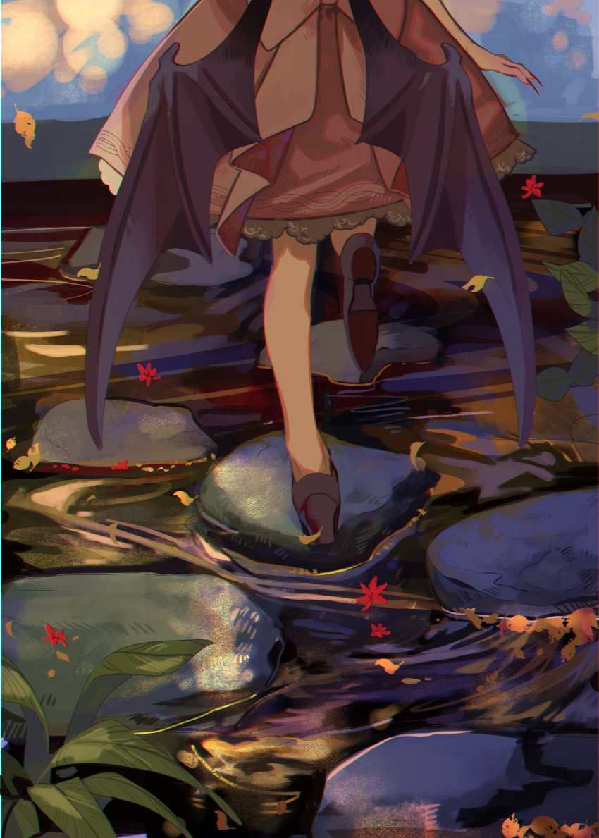 1girl absurdres back bad_id bad_pixiv_id bat_wings bow dress dress_bow highres leaf lower_body out_of_frame outdoors pebble pink_dress remilia_scarlet rock shi_chimi solo touhou water wings