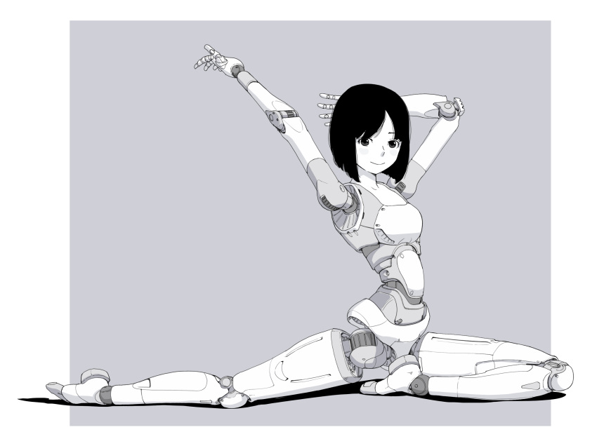 1girl android flexible greyscale highres joints monochrome nude original robot_joints short_hair simple_background smile solo sukabu