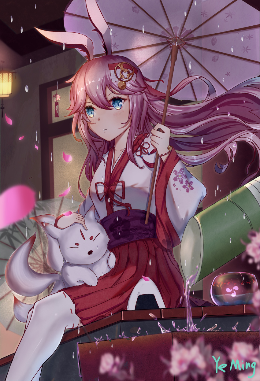 1girl absurdres alternate_eye_color animal_ears animal_on_lap artist_name bamboo blue_eyes cherry_blossoms closed_mouth floral_print food fox_ears hair_ornament highres higokumaru holding holding_umbrella honkai_(series) honkai_impact_3rd japanese_clothes long_hair long_sleeves nontraditional_miko oil-paper_umbrella on_lap onigiri outdoors parted_lips petals pink_hair pleated_skirt rain red_skirt ribbon-trimmed_thighhighs shrine sitting skirt solo thigh-highs umbrella white_thighhighs wind_chime yae_sakura yeming