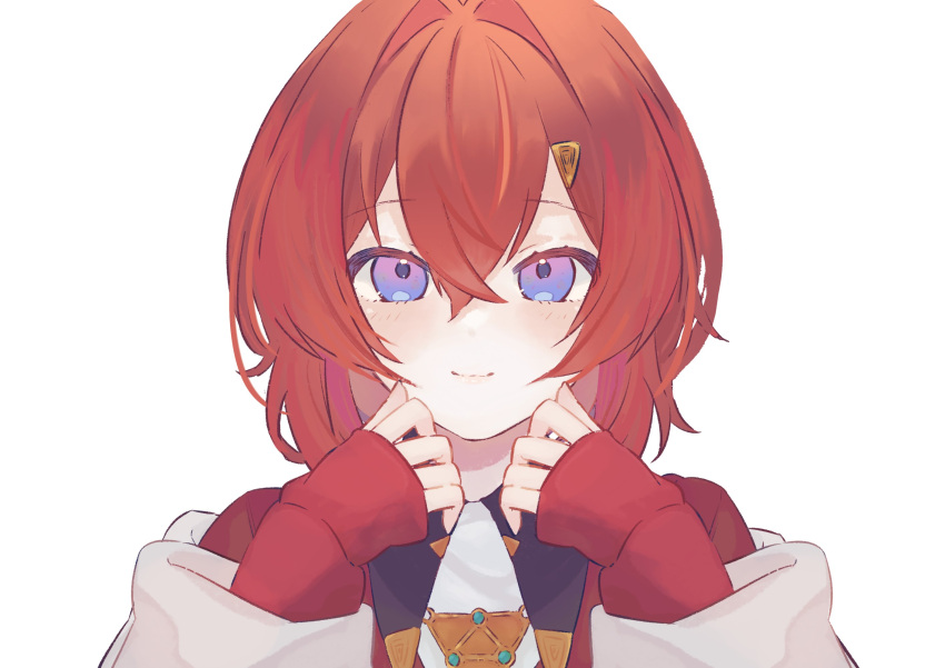1girl ange_katrina ange_katrina_(1st_costume) blue_eyes cardigan fbteqtkllo182ns hair_intakes highres looking_at_viewer nijisanji red_cardigan redhead short_hair simple_background sleeves_past_wrists smile solo virtual_youtuber white_background