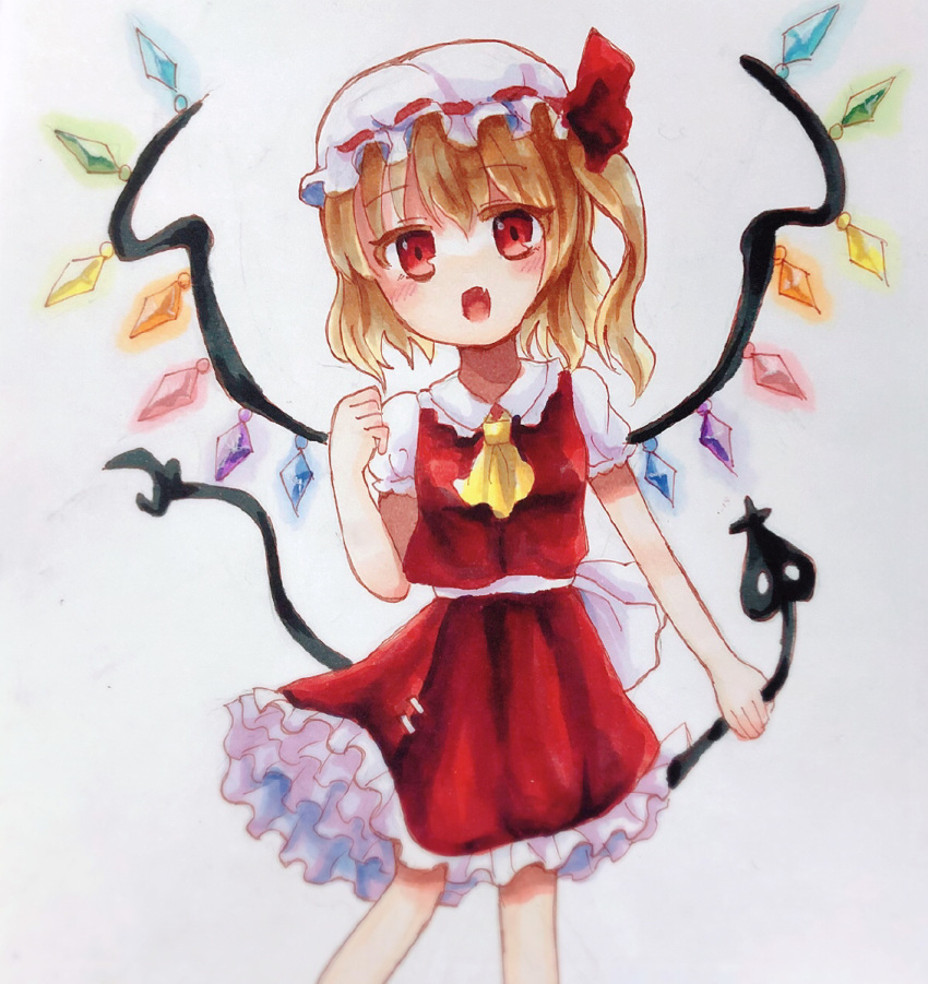 1girl ascot back_bow blonde_hair bow breasts collared_shirt fang feet_out_of_frame flandre_scarlet frilled_skirt frills glowing glowing_wings hat head_tilt highres holding holding_polearm holding_weapon laevatein_(touhou) large_bow looking_at_viewer marker_(medium) medium_hair mob_cap multicolored_wings one_side_up open_mouth polearm popperapi puffy_short_sleeves puffy_sleeves red_eyes red_ribbon red_skirt red_vest ribbon ribbon-trimmed_headwear ribbon_trim shirt short_sleeves simple_background skin_fang skirt skirt_set small_breasts solo touhou traditional_media vest weapon white_background white_bow white_shirt wings yellow_ascot