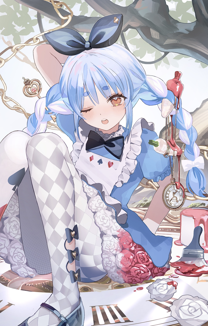 1girl absurdres alice_(alice_in_wonderland) alice_(alice_in_wonderland)_(cosplay) apron arm_behind_back arm_up asa_going black_bow black_bowtie black_ribbon blue_dress blue_footwear blue_hair bow bowtie carrot carrot_hair_ornament chain cosplay dress english_commentary food-themed_hair_ornament hair_ornament hair_ribbon highres hololive key knees_apart_feet_together looking_at_viewer multicolored_hair one_eye_closed open_mouth paintbrush pantyhose pocket_watch puffy_short_sleeves puffy_sleeves ribbon short_eyebrows short_sleeves sitting solo streaked_hair thick_eyebrows tree twintails usada_pekora virtual_youtuber watch white_apron white_hair white_pantyhose yellow_eyes