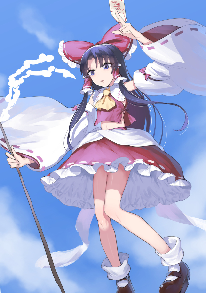 1girl absurdres ascot between_fingers black_footwear black_hair blue_eyes blue_sky bow clouds collared_shirt detached_sleeves frilled_skirt frills full_body gohei gunnjou_yosio hair_bow hair_tubes hakurei_reimu highres holding holding_gohei long_hair loose_socks midriff ofuda ofuda_between_fingers open_mouth parted_bangs red_bow red_ribbon red_shirt red_skirt ribbon ribbon-trimmed_sleeves ribbon_trim shirt shoes skirt sky sleeve_bow sleeveless sleeveless_shirt socks solo straight_hair touhou waist_ribbon white_ribbon white_sleeves white_socks yellow_ascot
