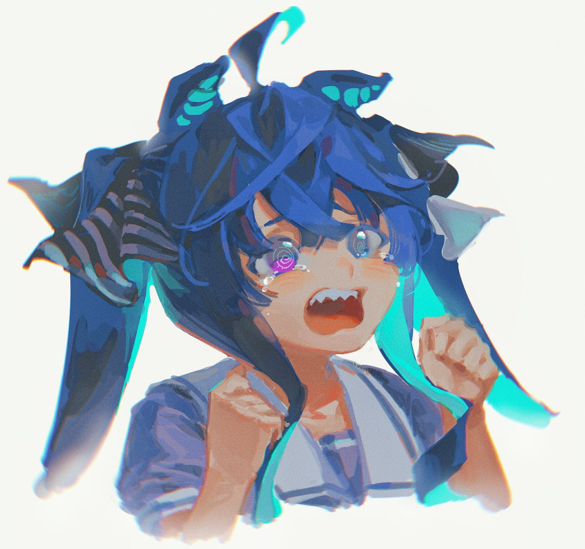 1girl @_@ ahoge animal_ears aqua_hair blue_eyes blue_hair blue_shirt blush bow clenched_hands cropped_torso crossed_bangs crying crying_with_eyes_open ears_down hair_bow hands_up heterochromia highres horse_ears horse_girl long_hair looking_ahead lulu_(lululike123) multicolored_hair no_lineart open_mouth raised_eyebrows sailor_collar school_uniform sharp_teeth shirt short_sleeves sidelocks simple_background solo striped striped_bow tears teeth tracen_school_uniform twin_turbo_(umamusume) twintails two-tone_hair umamusume upper_body upper_teeth_only violet_eyes white_background white_sailor_collar