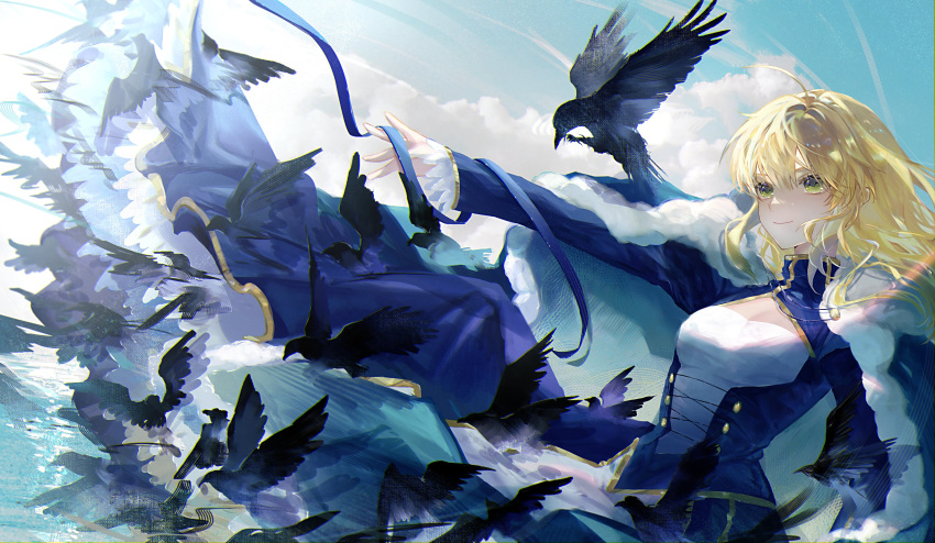1girl absurdres ahoge artoria_pendragon_(fate) bird blonde_hair blue_cape blue_dress blue_ribbon blue_sky cape clouds crow dress dutch_angle fate/grand_order fate/stay_night fate_(series) floating_clothes floating_hair flock fur_trim green_eyes hair_down highres juliet_sleeves long_sleeves nigiri outdoors outstretched_arm puffy_sleeves ribbon saber sidelocks sky smile solo sunlight upper_body water