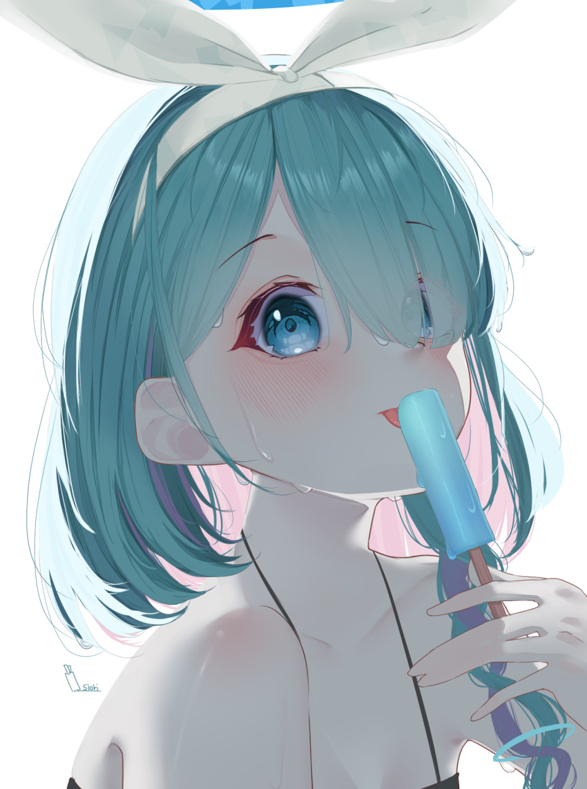 1girl alternate_costume arona_(blue_archive) bare_shoulders blue_archive blue_hair bow commentary eyebrows_hidden_by_hair food full_body halo highres light_blue_hair looking_at_viewer open_mouth popsicle smile solo tachibana_shiori_(suica_112) upper_body wet white_background