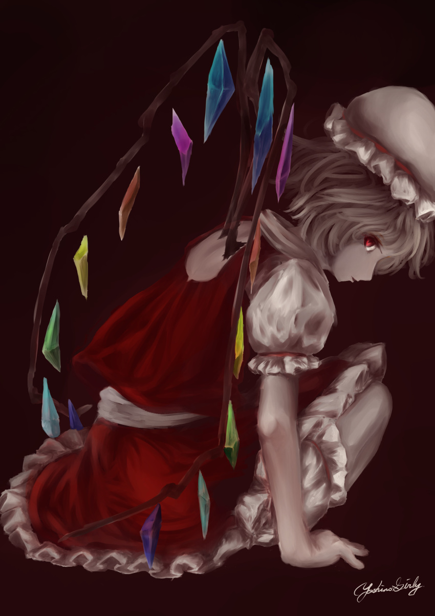 1girl absurdres arm_support backless_outfit blonde_hair bloomers dark_background flandre_scarlet frilled_skirt frilled_sleeves frills from_side hat hat_ribbon highres limited_palette looking_at_viewer looking_to_the_side mob_cap multicolored_wings puffy_short_sleeves puffy_sleeves red_eyes red_ribbon red_skirt red_vest ribbon shirt short_hair short_sleeves signature simple_background skirt skirt_set solo touhou vest white_bloomers white_headwear white_shirt wings yoshinogirly