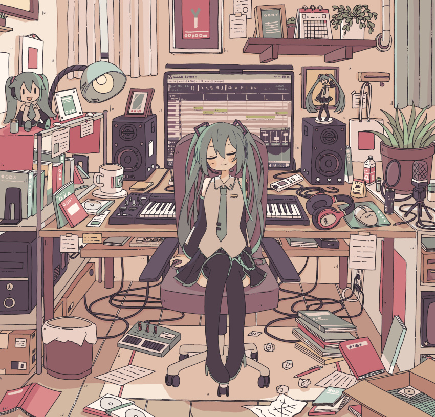 1girl akashia_(akasia313) black_footwear blue_eyes blue_hair blue_necktie book book_stack boots character_doll closed_eyes closed_mouth desk detached_sleeves hatsune_miku headphones headphones_removed high_heel_boots high_heels highres instrument keyboard_(instrument) long_hair monitor necktie pleated_skirt shelf skirt solo swivel_chair thigh_boots tie_clip trash_can twintails vocaloid