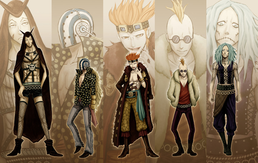 5boys blonde_hair blue_hair character_request closed_mouth commentary_request eustass_kid facial_mark full_body goggles goggles_on_head heat_(one_piece) highres hockey_mask hood hood_up killer_(one_piece) long_hair male_focus mask medium_hair mohawk multiple_boys one_piece open_clothes open_mouth rakurakurakumiya redhead round_eyewear short_hair spikes standing sunglasses teeth wire_(one_piece)
