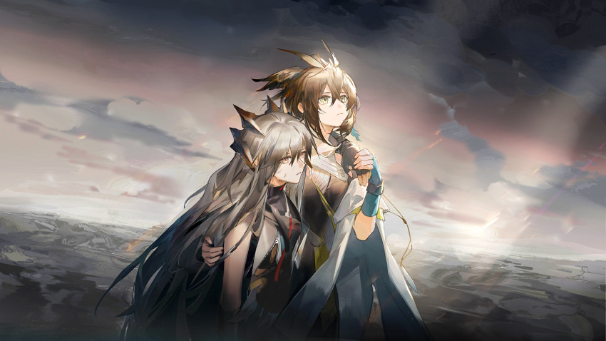 2girls arknights artist_request bare_shoulders brown_hair bruise bruise_on_face clouds exhausted fingerless_gloves gloves grey_hair highres horns hug injury leaning_on_person long_hair looking_up multiple_girls official_art outdoors saria_(arknights) silence_(arknights) silence_the_paradigmatic_(arknights) yellow_eyes zipper
