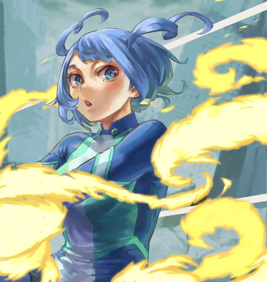 1girl absurdres blue_bodysuit blue_eyes blue_hair bodysuit boku_no_hero_academia building clouds cloudy_sky commentary_request drill_hair energy green_bodysuit hadou_nejire hair_horns highres multicolored_bodysuit multicolored_clothes official_alternate_hair_length official_alternate_hairstyle open_mouth outdoors partial_commentary short_hair sky solo twin_drills white_bodysuit yomoyama_yotabanashi