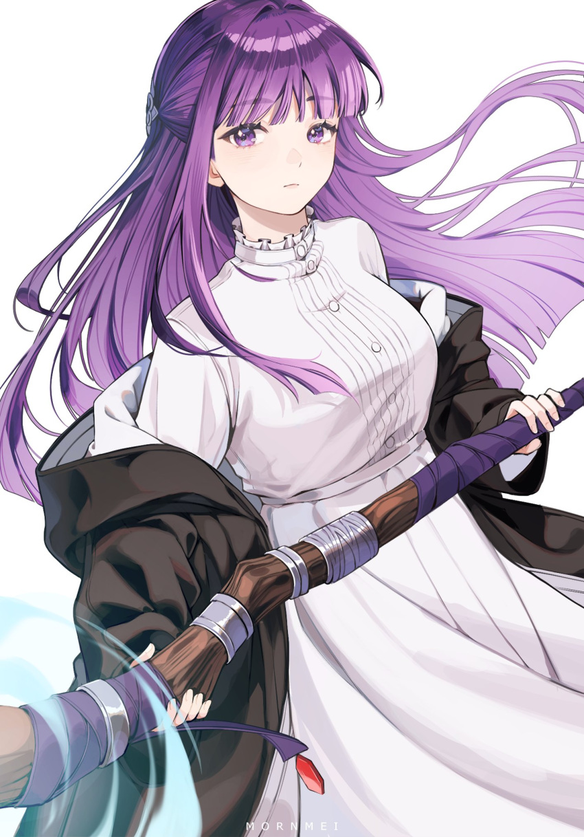 1girl artist_name black_coat blunt_bangs breasts closed_mouth coat commentary dress fern_(sousou_no_frieren) floating_hair hair_intakes highres holding holding_staff holding_stick hood hood_down hooded_coat large_breasts long_hair looking_at_viewer mai_(mornmeii) off_shoulder purple_hair simple_background solo sousou_no_frieren staff stick upper_body violet_eyes white_background white_dress
