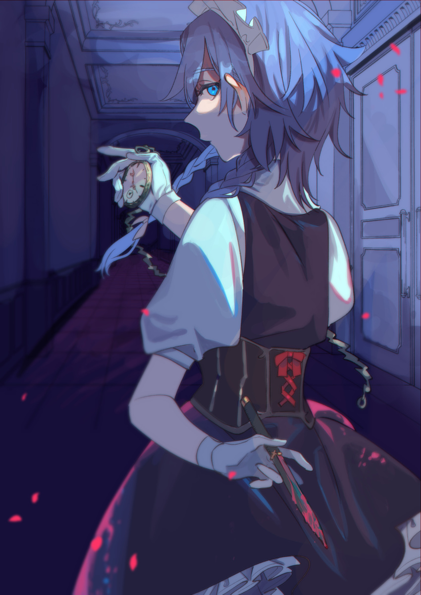 1girl absurdres bad_id bad_pixiv_id black_skirt black_vest blood blood_on_clothes blood_on_weapon blue_eyes bow braid dagger frilled_headwear gloves grey_hair hair_bow highres holding holding_dagger holding_knife holding_pocket_watch holding_weapon indoors izayoi_sakuya knife looking_at_viewer maid maid_headdress pocket_watch puffy_short_sleeves puffy_sleeves red_bow scarlet_devil_mansion shi_chimi shirt short_hair short_sleeves skirt solo touhou twin_braids vest watch weapon white_bow white_gloves white_shirt