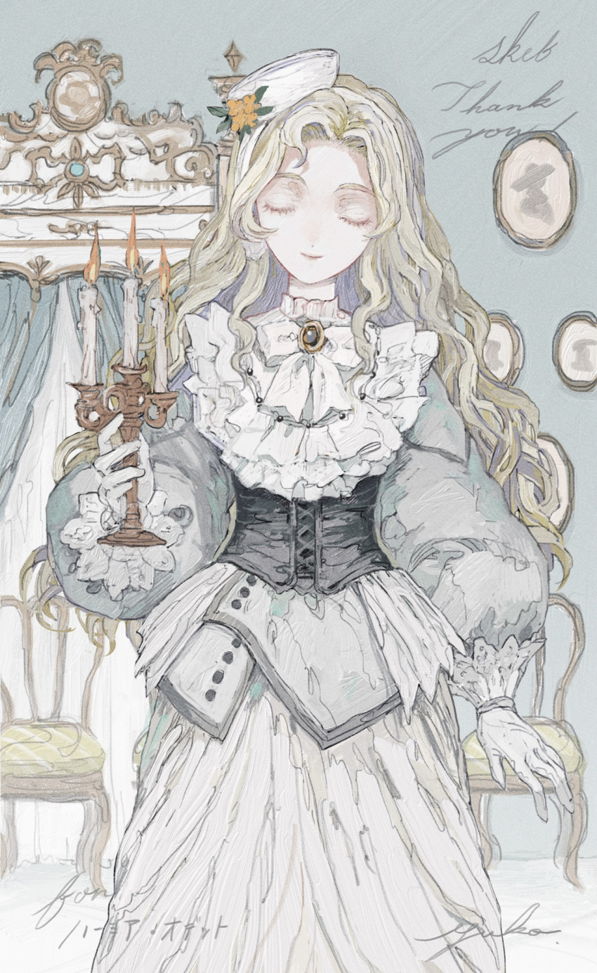 1girl artist_name blonde_hair candle chair closed_eyes closed_mouth commission dress gloves grey_dress highres holding holding_candle indoors long_hair long_sleeves original parted_bangs portrait_(object) simple_background smile solo wall white_gloves white_headwear yuko_(foret_noire)