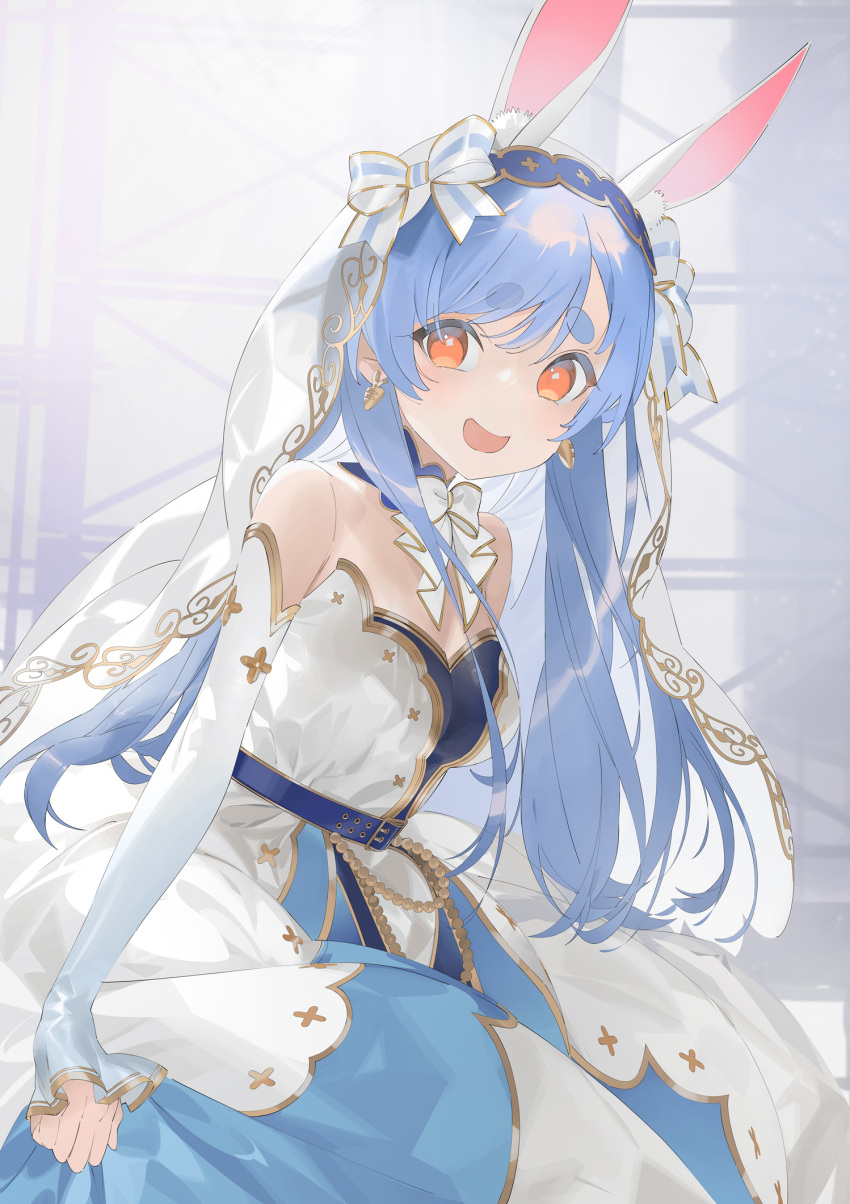 1girl animal_ear_fluff animal_ears bare_shoulders belt blue_belt blue_hair breasts carrot_earrings commentary detached_sleeves dress earrings food-themed_earrings hair_ribbon highres hololive jewelry koyo2023 long_hair long_sleeves looking_at_viewer nervous_smile open_mouth orange_eyes rabbit_ears ribbon short_eyebrows small_breasts smile solo thick_eyebrows usada_pekora veil virtual_youtuber white_dress white_ribbon