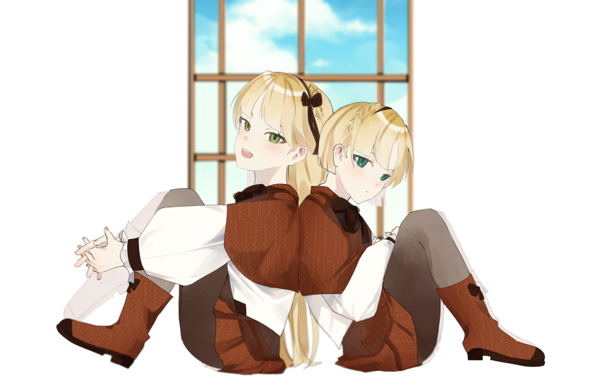 1boy 1girl absurdres back-to-back boots bow bowtie brown_bow brown_bowtie brown_capelet brown_footwear brown_pantyhose brown_skirt capelet highres lobotomy_corporation long_hair long_sleeves msx_(mis4xi) pantyhose project_moon puffy_long_sleeves puffy_sleeves shirt short_hair sitting skirt tiphereth_a_(project_moon) tiphereth_b_(project_moon) white_shirt