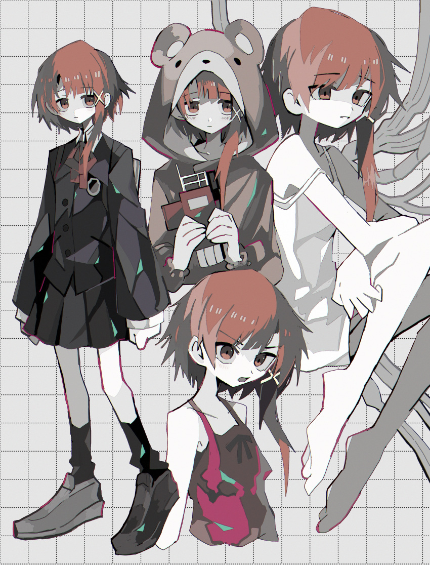 1girl absurdres angry arms_at_sides asagina_gi ascot barefoot black_footwear black_jacket black_skirt black_socks blazer blush brown_eyes brown_hair collared_shirt commentary cropped_torso empty_eyes expressionless full_body grey_background hair_ornament highres iwakura_lain jacket loafers looking_at_viewer multiple_views open_mouth parted_lips pleated_skirt red_ascot red_shirt school_uniform serial_experiments_lain shaded_face shirt shoes short_hair simple_background single_sidelock skirt socks symbol-shaped_pupils tank_top white_shirt wire x_hair_ornament