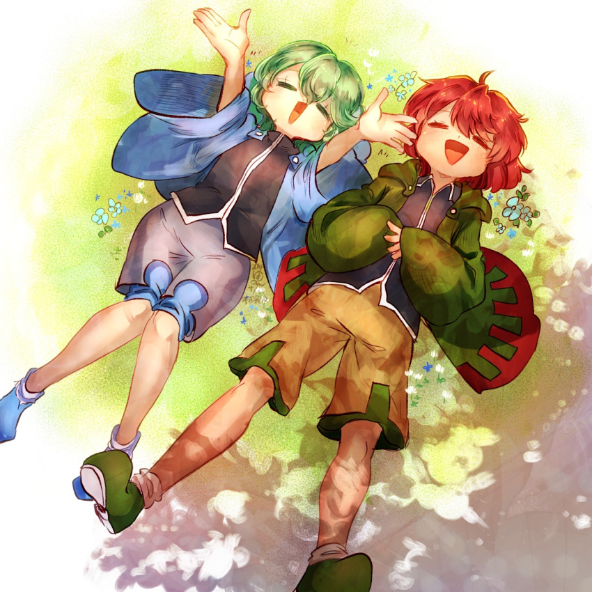 2others =_= ahoge androgynous arms_up blue_flower blue_footwear blue_jacket brown_shorts closed_eyes collared_shirt commentary_request flower green_hair green_jacket grey_shorts happy highres hood hood_down hooded_jacket jacket len'en long_sleeves lying multiple_others on_back on_grass open_clothes open_jacket open_mouth other_focus outdoors redhead relaxing shirt shitodo_aoji shitodo_hooaka short_hair shorts siblings smile socks white_socks yukkyon_kyon