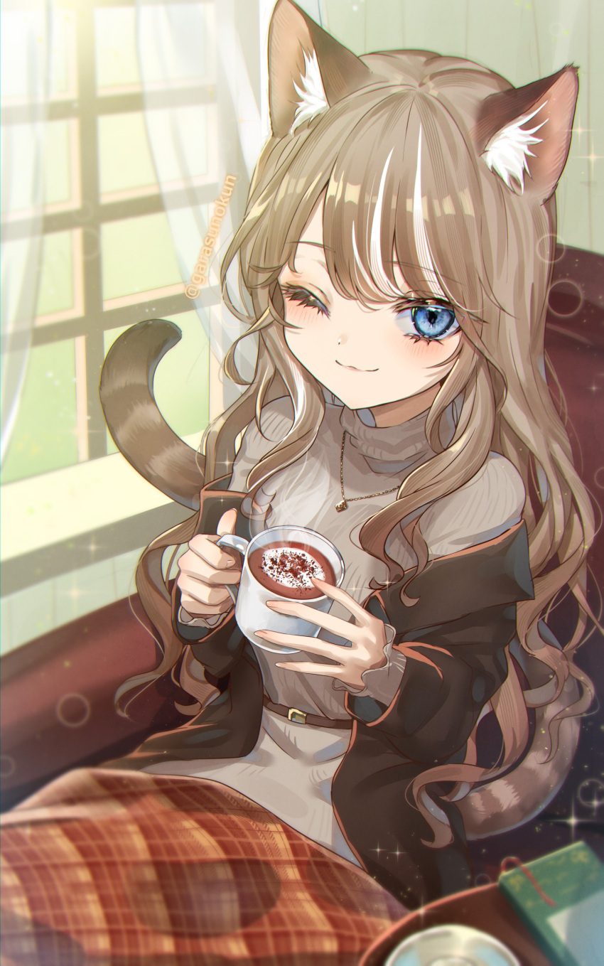 1girl ;) absurdres animal_ears belt blanket blue_eyes blush cat_ears cat_girl cat_tail closed_mouth cup curtains grey_sweater highres hot_chocolate jacket jewelry light_brown_hair long_hair long_sleeves looking_at_viewer mug multicolored_hair necklace off_shoulder one_eye_closed open_clothes open_jacket original pendant ruri-urasue-1224 sitting smile steam streaked_hair sweater tail turtleneck turtleneck_sweater two-tone_hair white_hair window